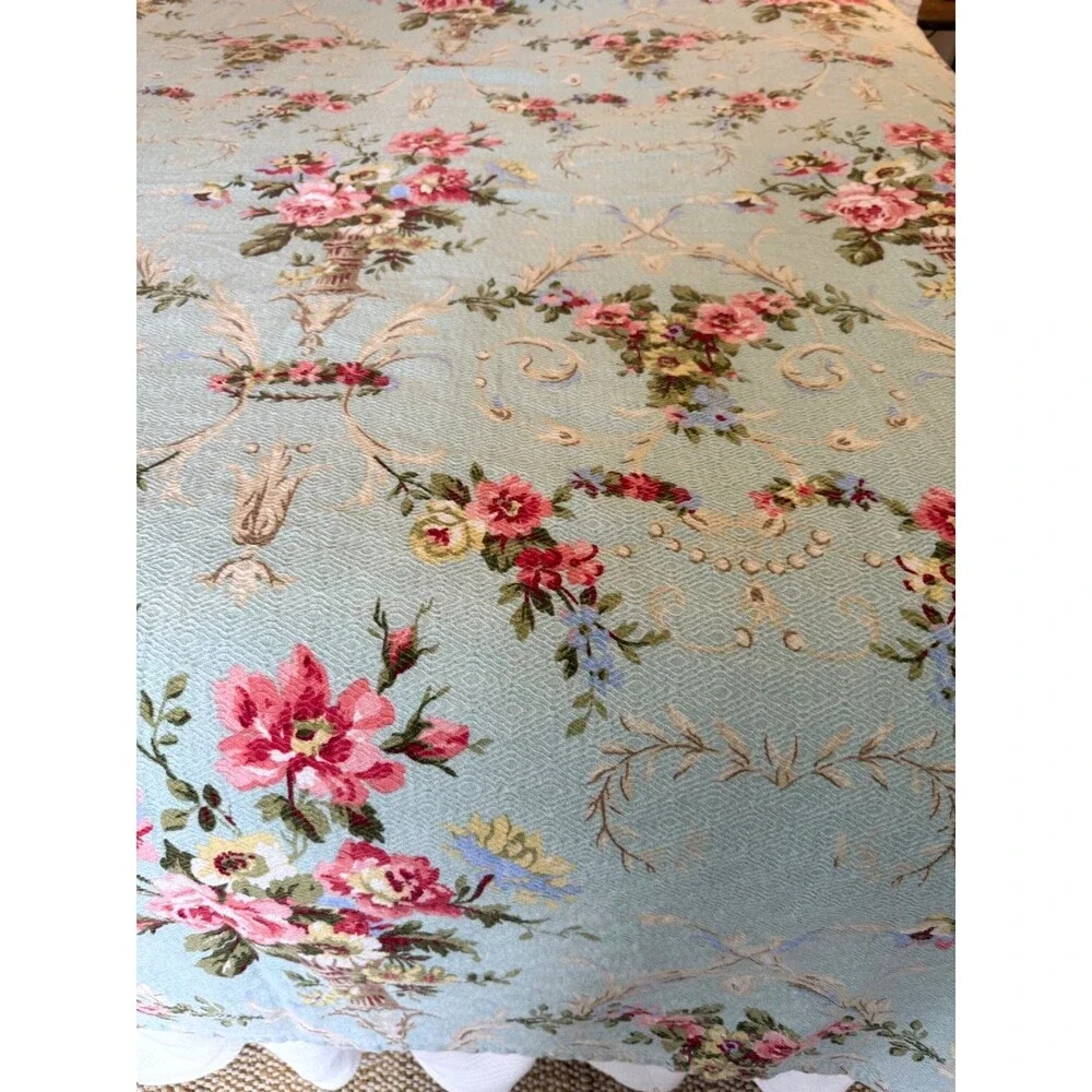 2 Vtg Floral Bedspreads Coverlets TWN Aqua Blue Pink Roses Shabby Cottagecore
